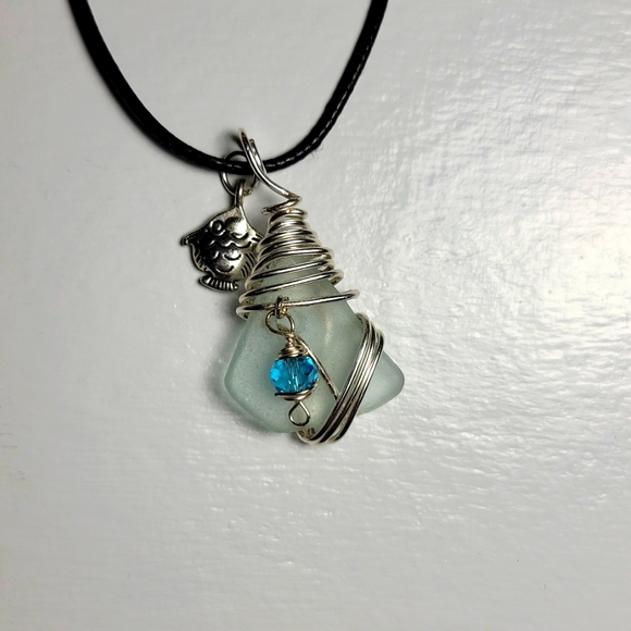 Hand Crafted Jewelry - Light Blue Wire Wrapped Maine Sea Glass Necklace With Fish Charm